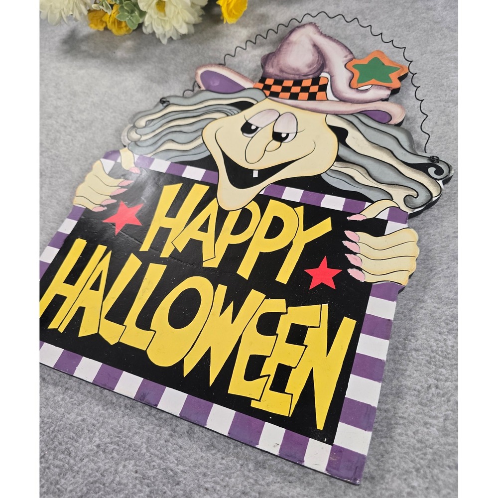 Vintage 90s Happy Halloween Sign Purple Witch Wall Decor Paper Warehouse Spooky - Picture 2 of 7